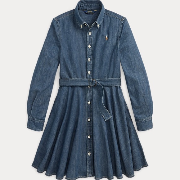 Polo Ralph Lauren Belted Cotton Denim Shirtdress Long Sleeve Fit & Flare Girls 8 - Picture 12 of 12